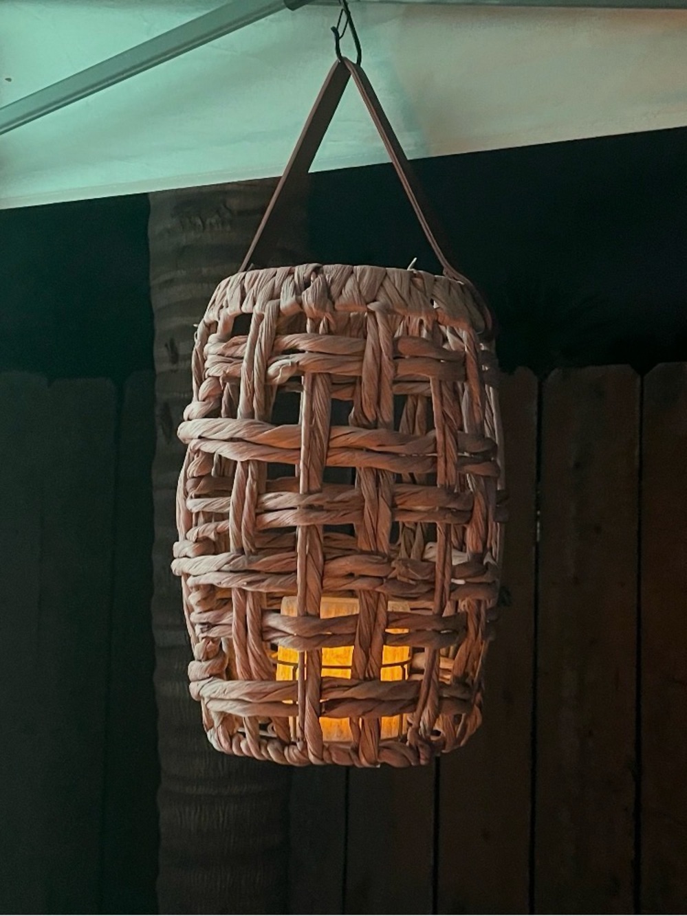Pottery barn wicker rattan leather strap lantern hanging 15” Woven Straw Basket